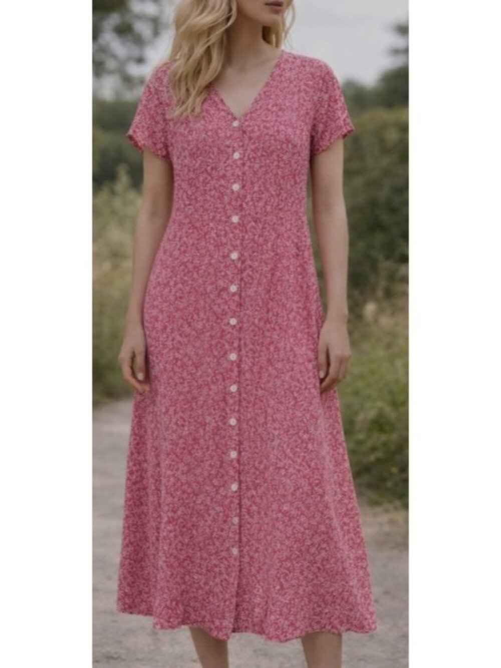April Cornell Dress Rose Pink Floral Button Aline Midi Cottagecore Dainty Wom XS - Picture 9 of 9